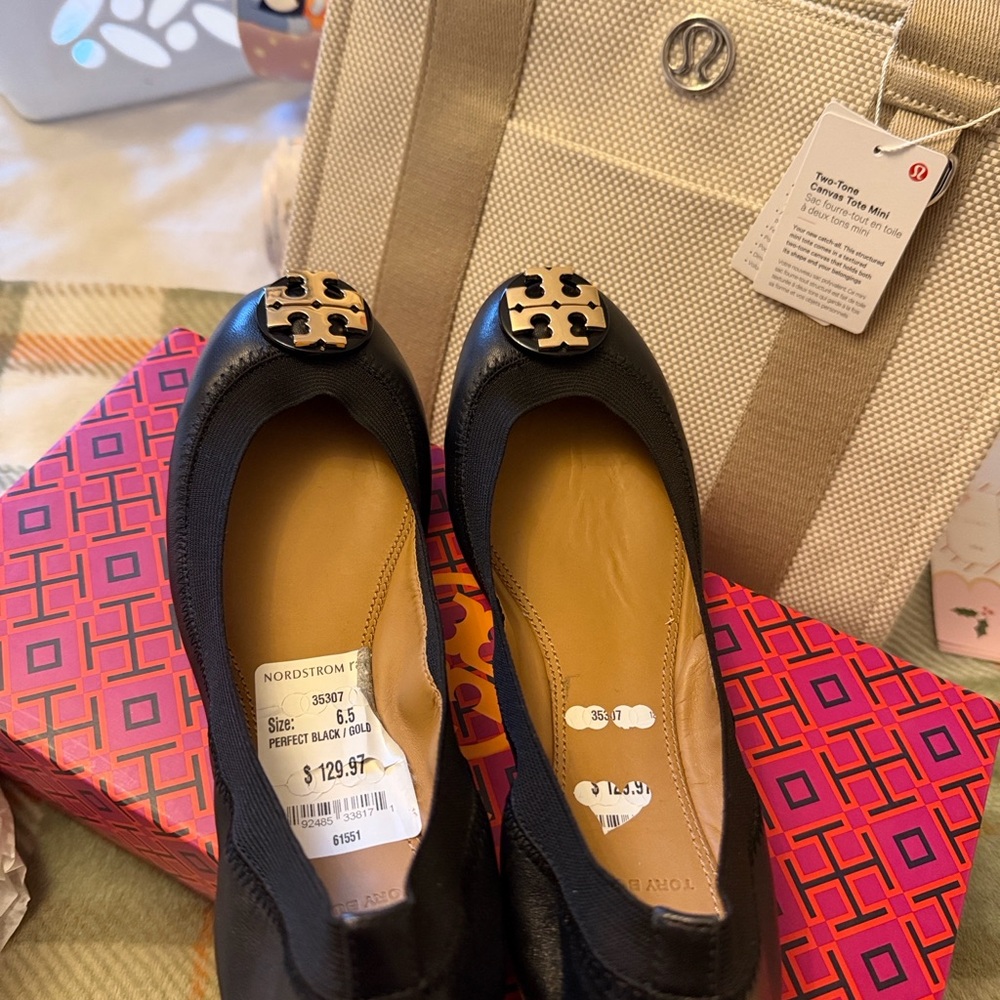 Tory Burch Black Flats with Gold Detailing
